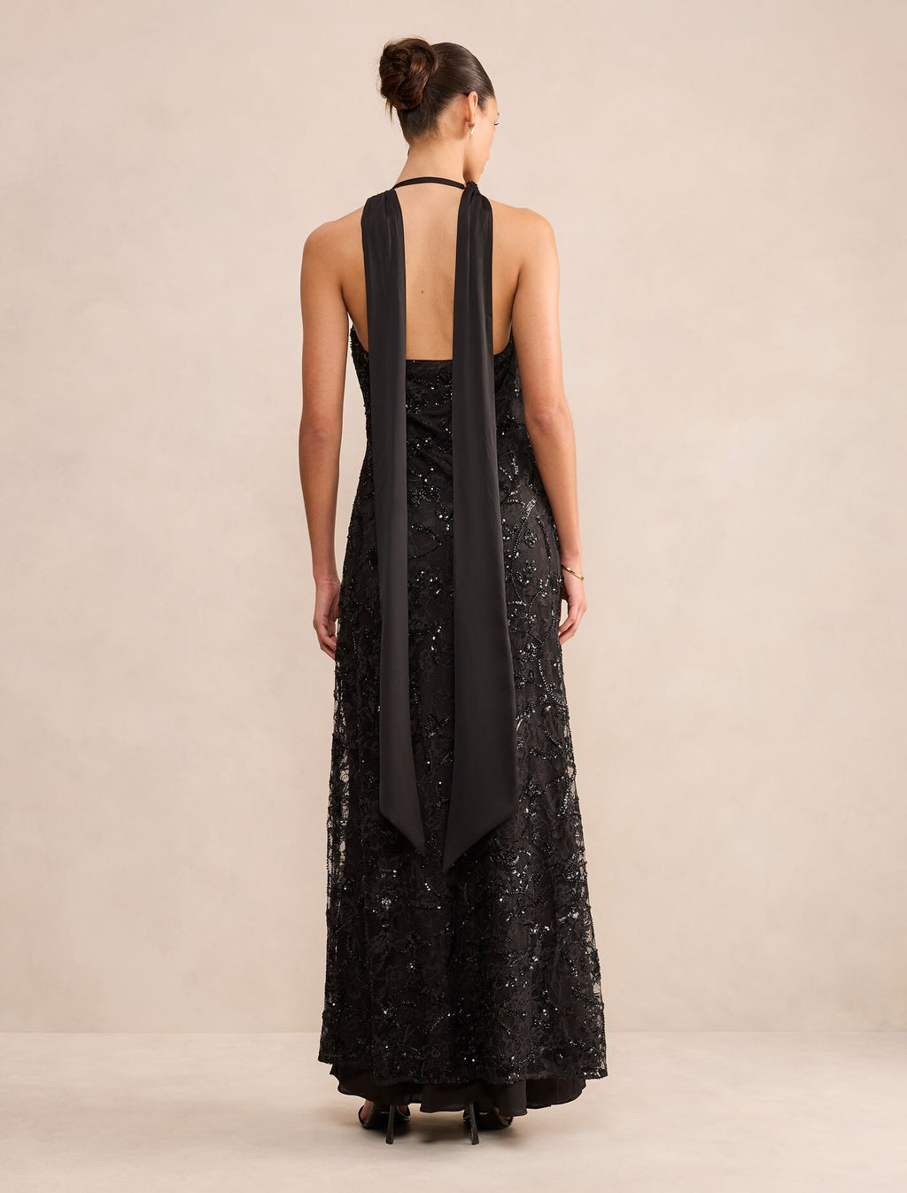 Macy Sequin Lace Halter Maxi Dress