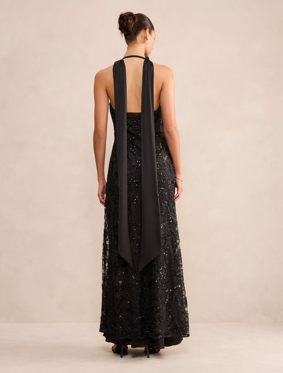 Macy Sequin Lace Halter Maxi Dress