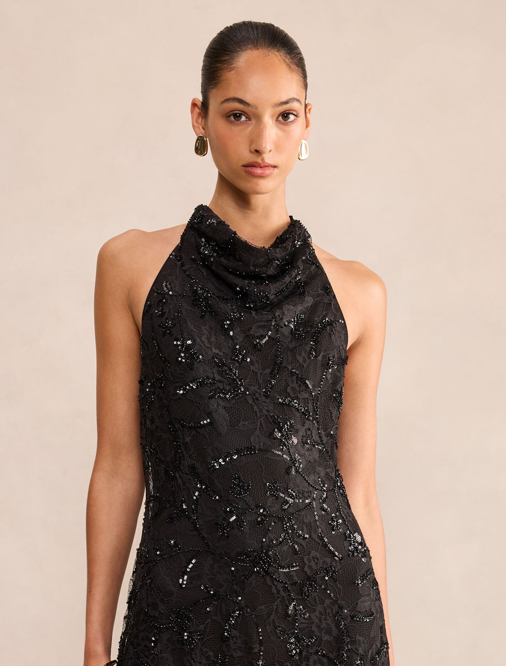 Macy Sequin Lace Halter Maxi Dress