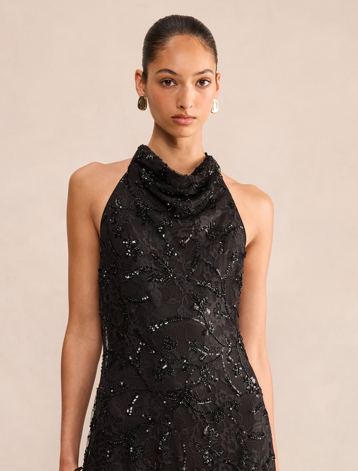 Macy Sequin Lace Halter Maxi Dress