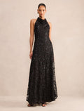 Macy Sequin Lace Halter Maxi Dress