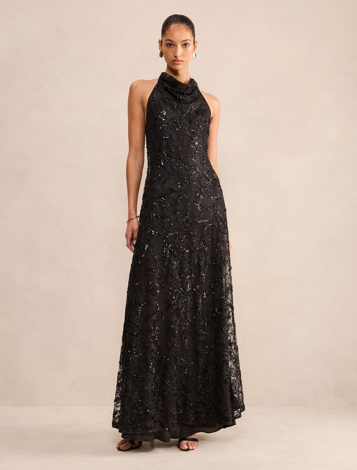 Macy Sequin Lace Halter Maxi Dress