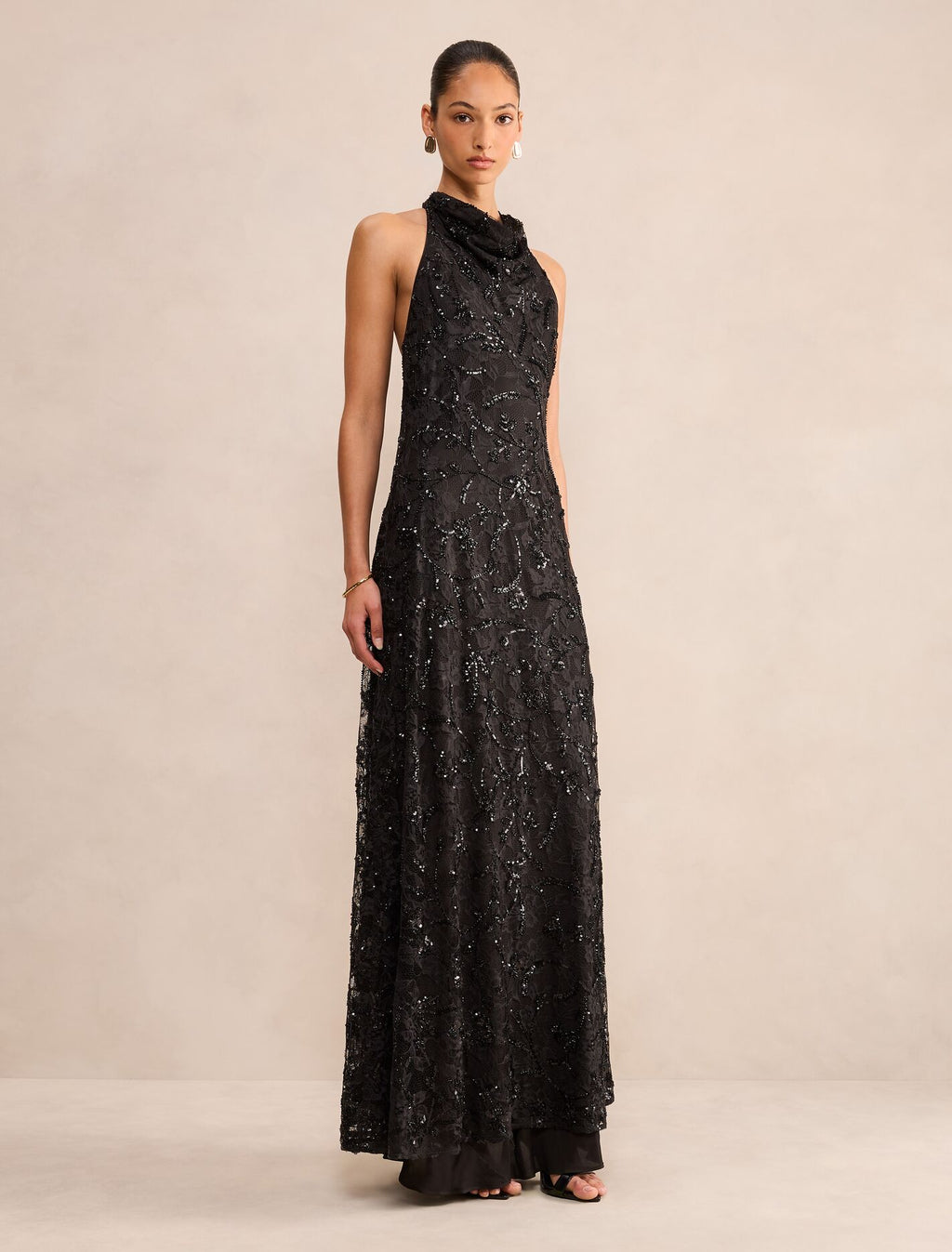 Macy Sequin Lace Halter Maxi Dress