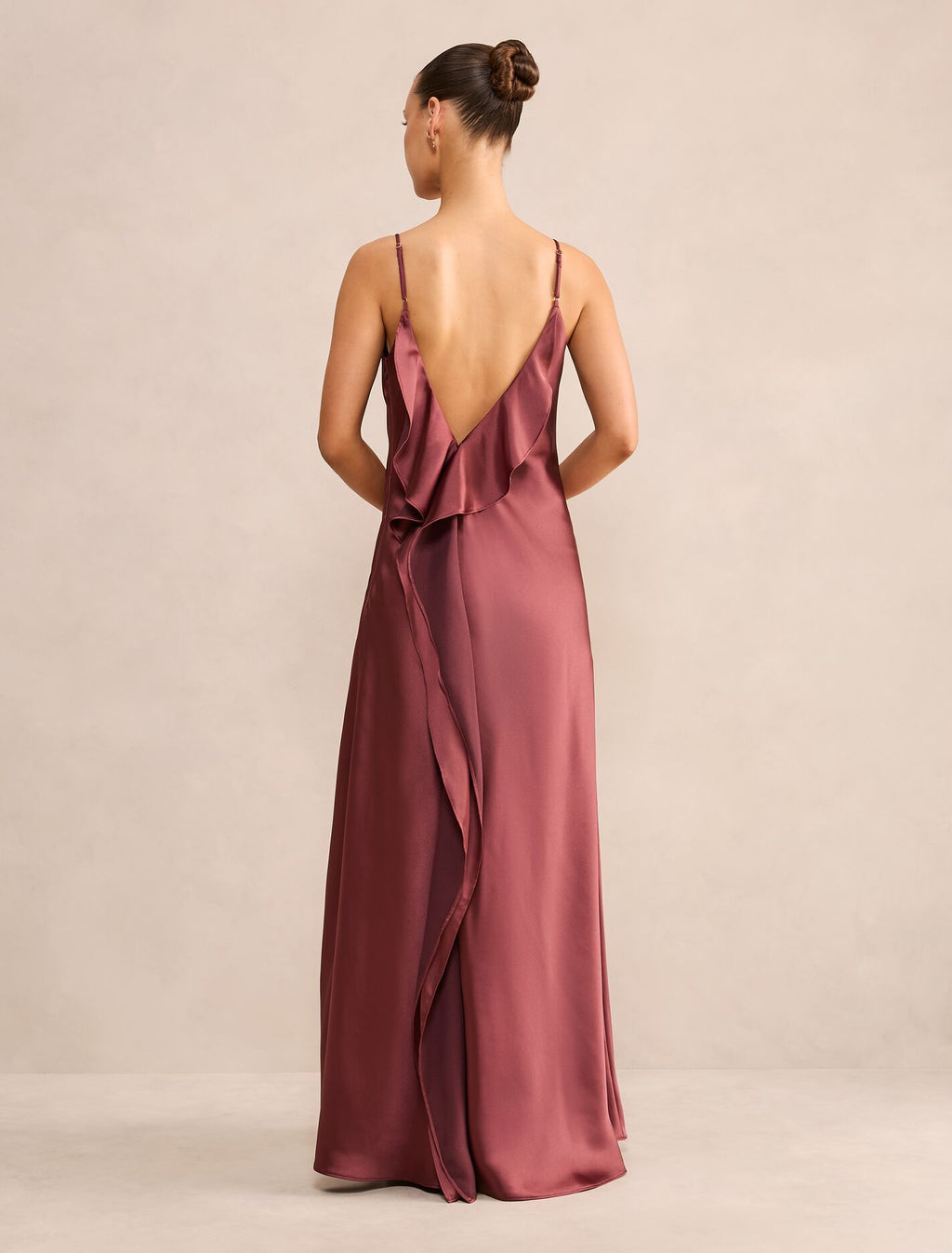 Allora Petite Ruffle Back Satin Maxi Dress