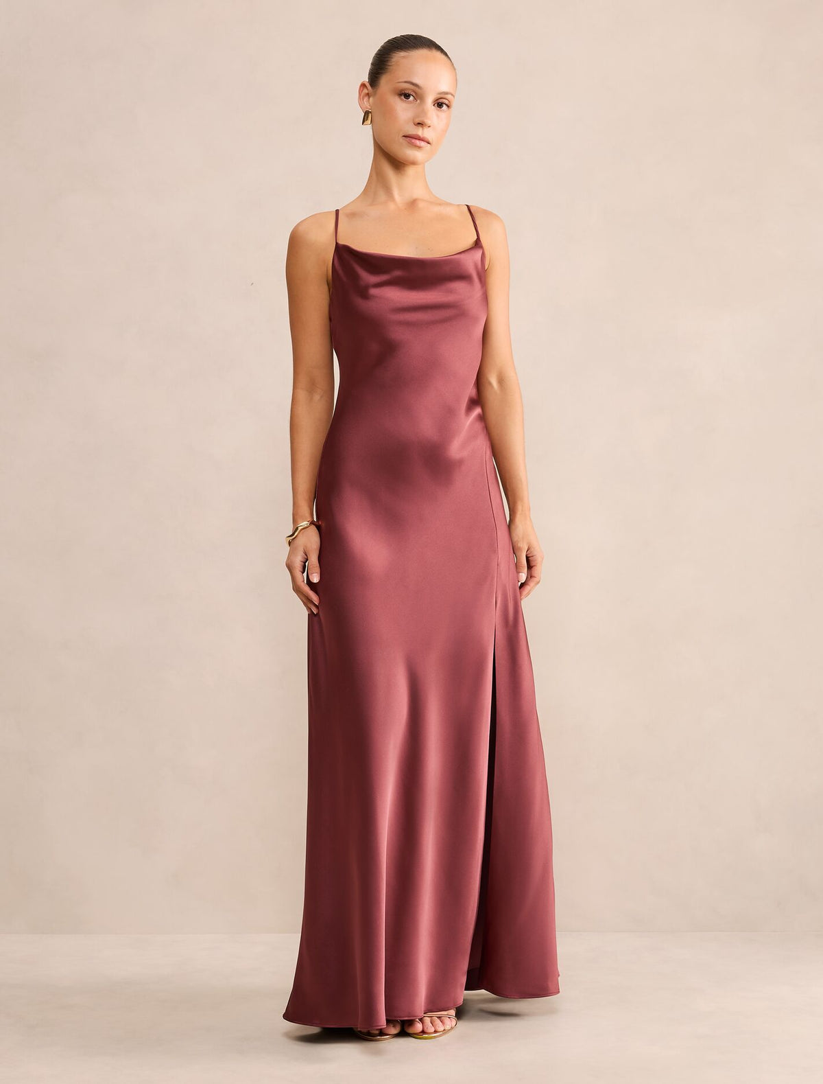 Allora Petite Ruffle Back Satin Maxi Dress