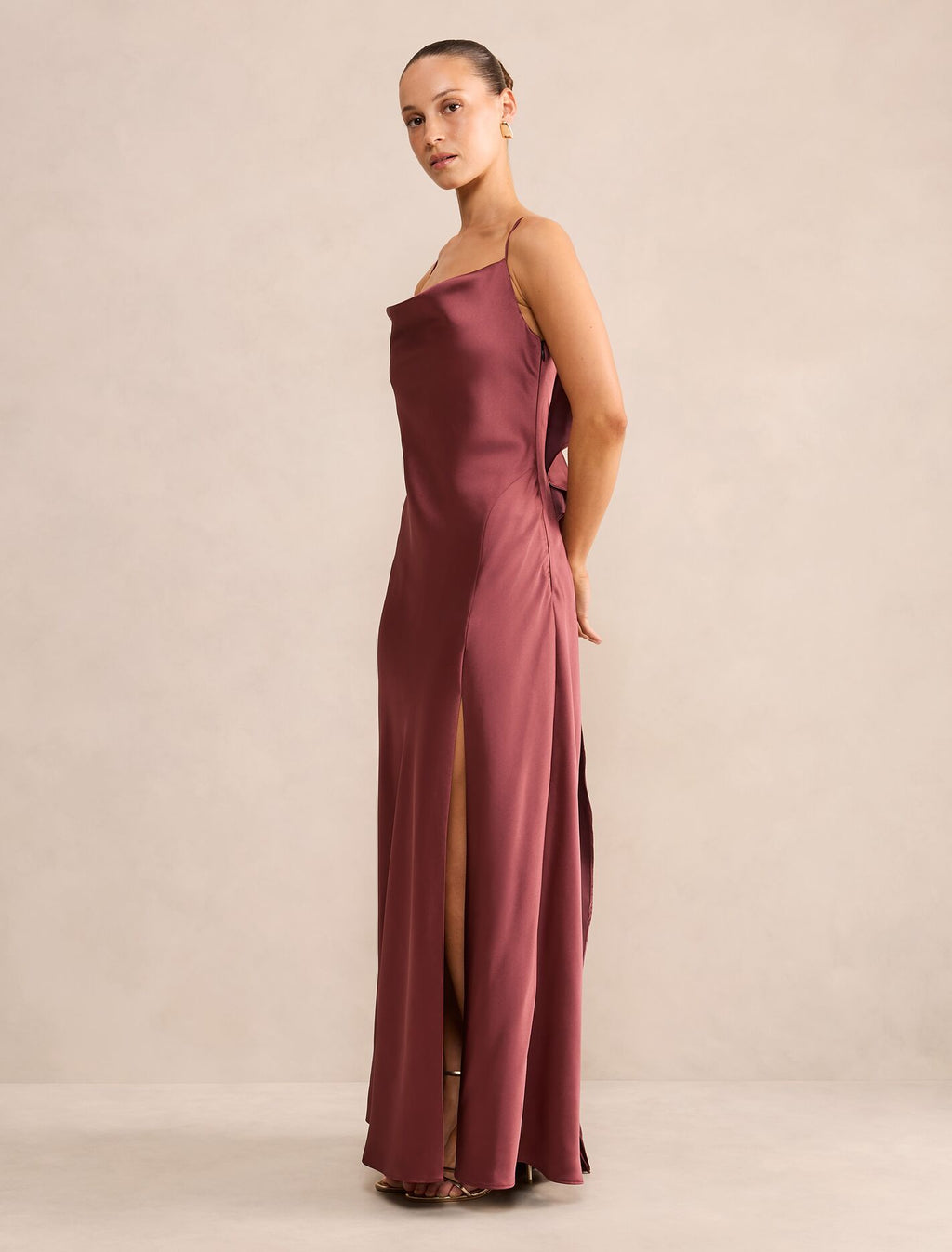 Allora Petite Ruffle Back Satin Maxi Dress